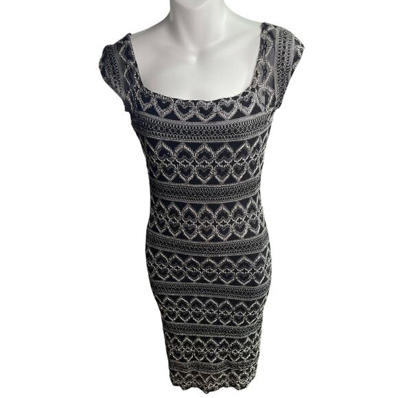 Vintage Hugo Buscati Black Beige  Heart Patterned Knit Bodycon Dress Size Medium - Picture 1 of 4